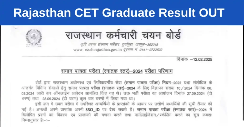 Rajasthan CET Graduate Result Out